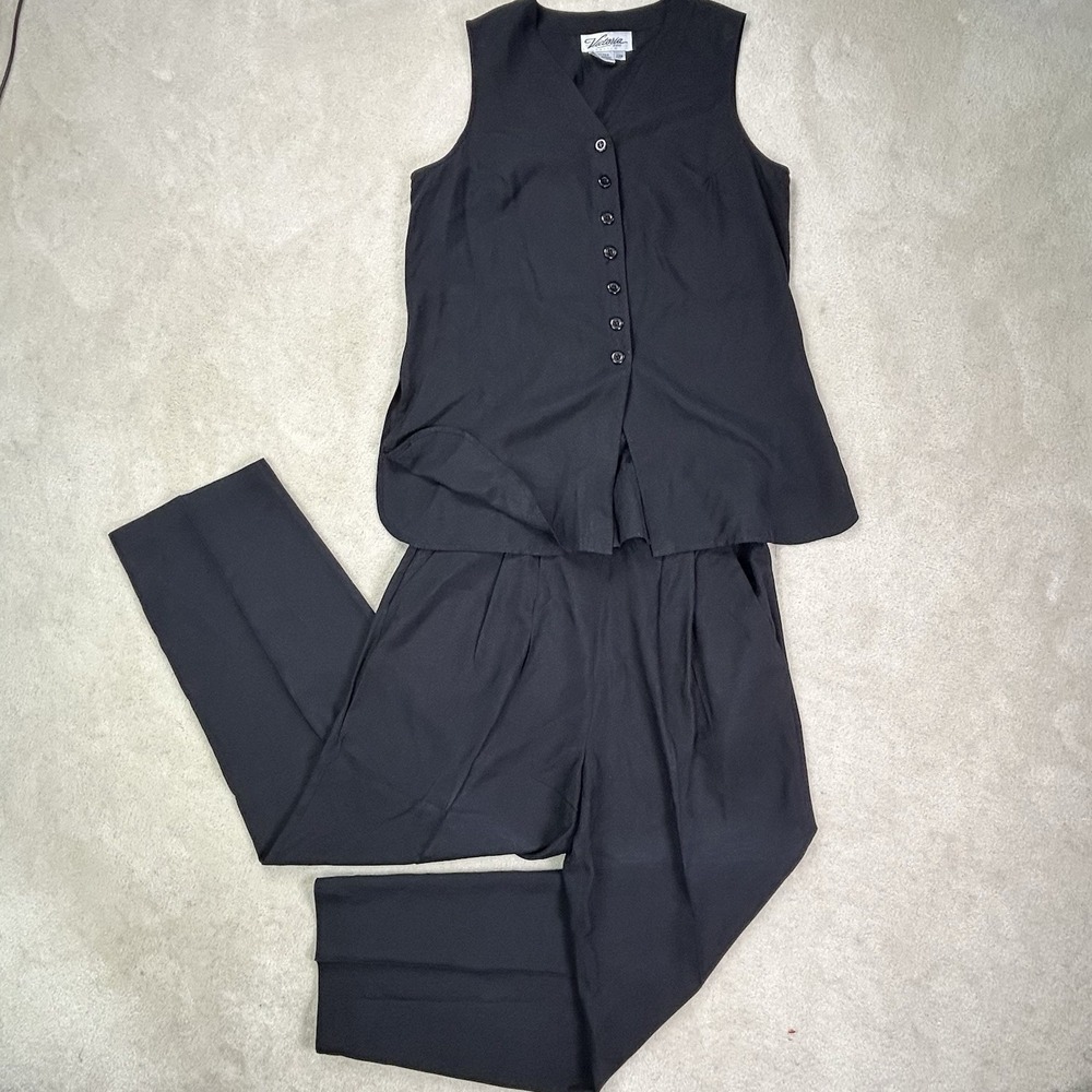 Vtg 90's Victoria Soie 100% Silk Vest And Pant Set 12 Petite Black